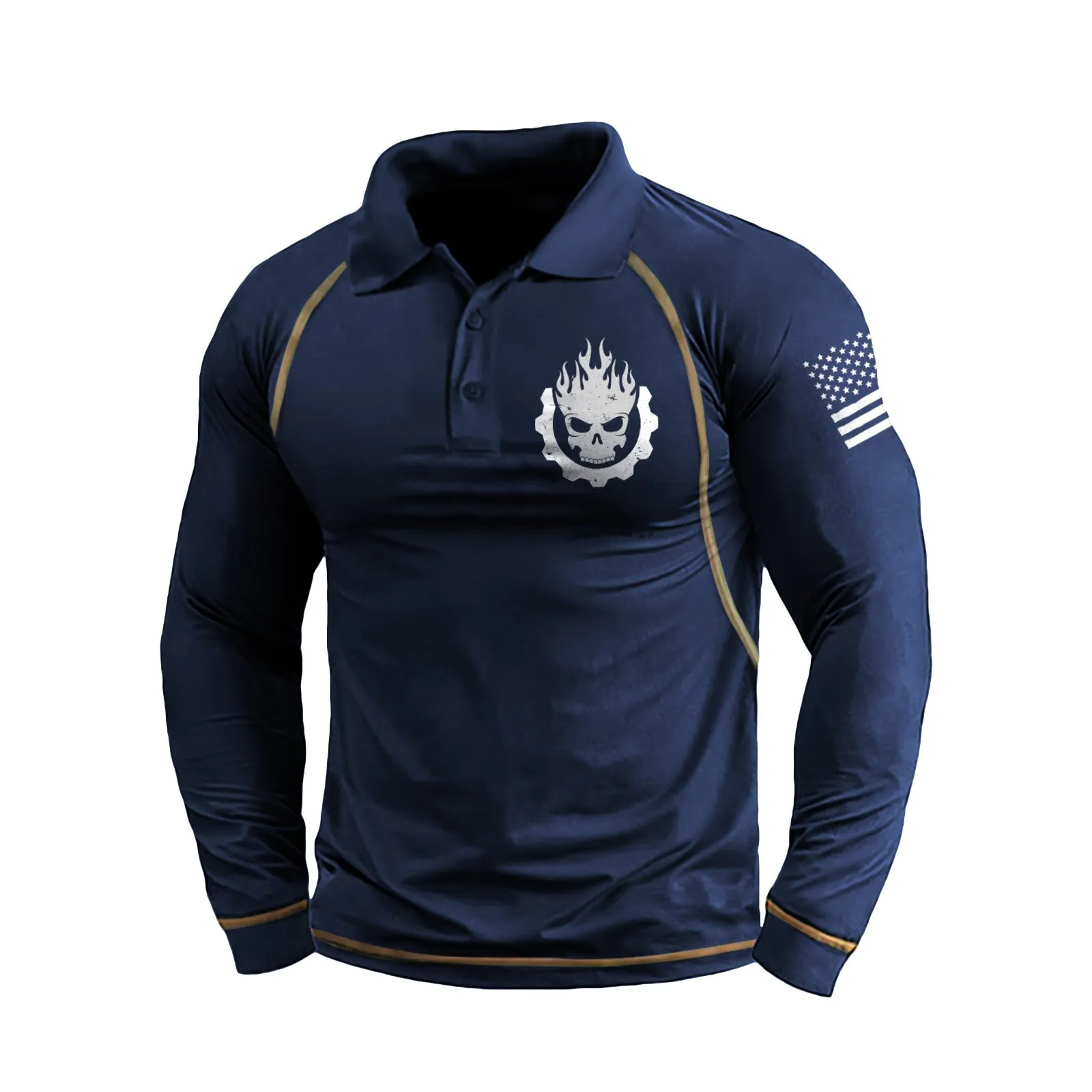 FLAME SKULL GRAPHIC RAGLAN LONG SLEEVE POLO SHIRT
