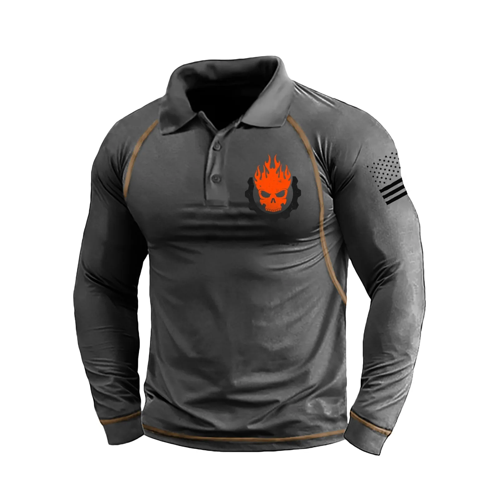 FLAME SKULL GRAPHIC RAGLAN LONG SLEEVE POLO SHIRT