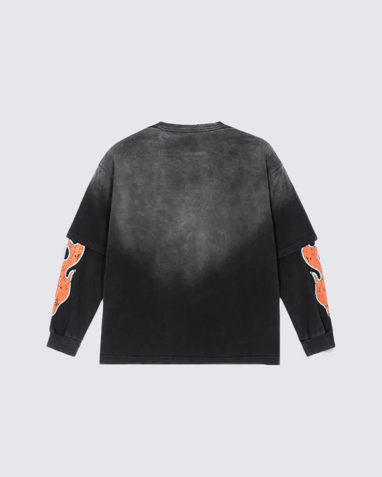 Flame Sleeve Vintage Washed Long Sleeve T-Shirt
