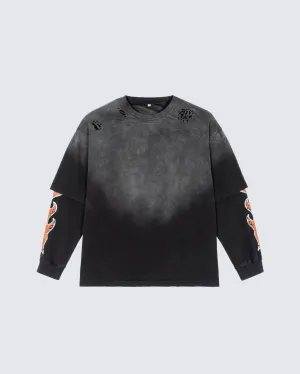 Flame Sleeve Vintage Washed Long Sleeve T-Shirt