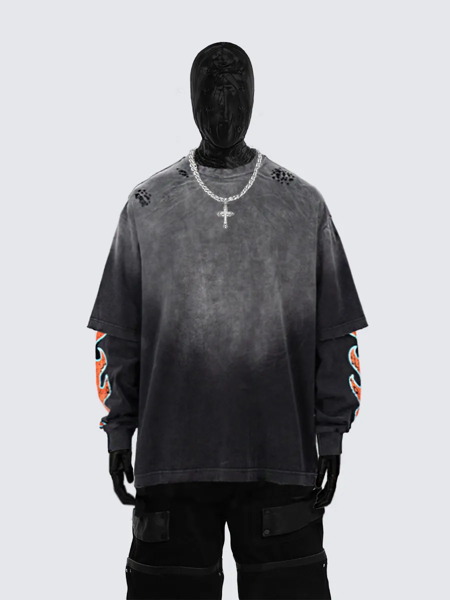 Flame Sleeve Vintage Washed Long Sleeve T-Shirt