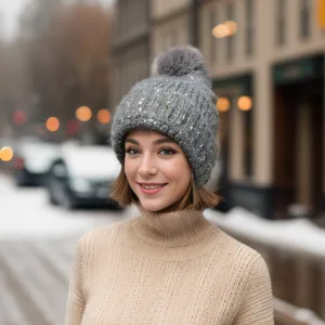 Flecked PomPom Hat - Grey/Silver