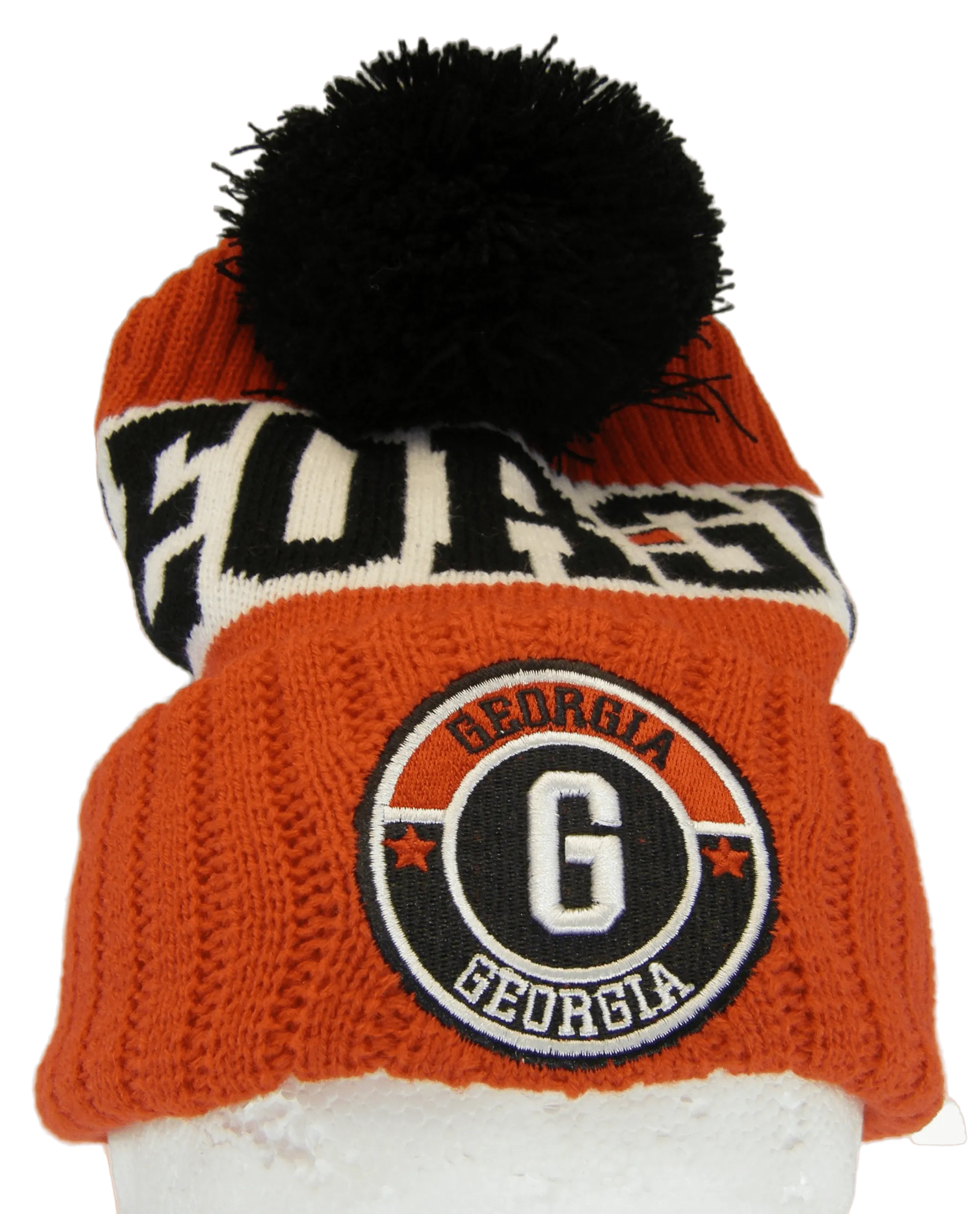 Georgia Three Stripe Circular Patch Pom Beanie Winter Hat (Red/Black)