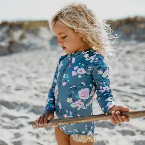 Gray Pink Zip Rash Guard Swimsuit