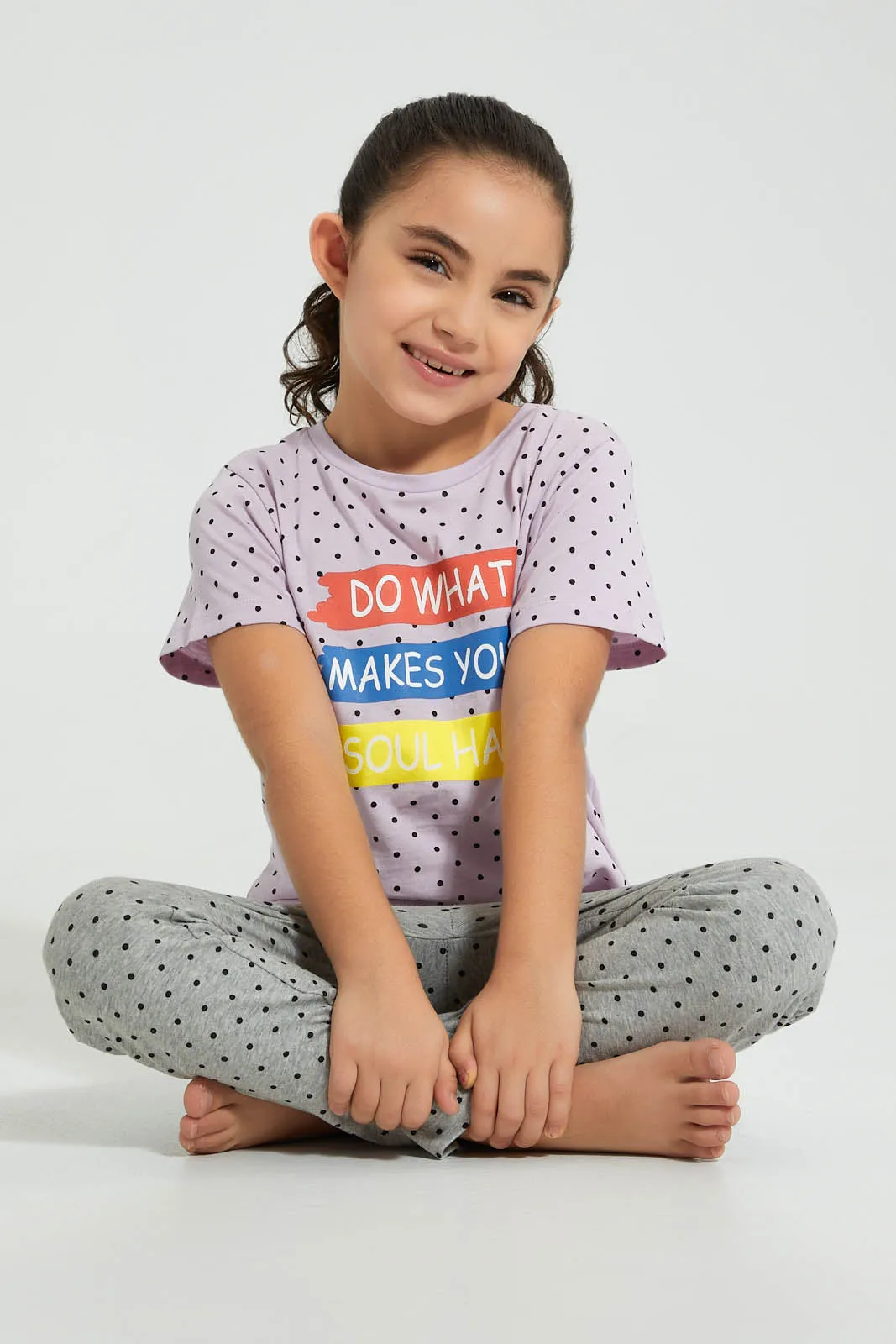 Grey And Lilac Polka Dot Pyjama Set (2 Piece)
