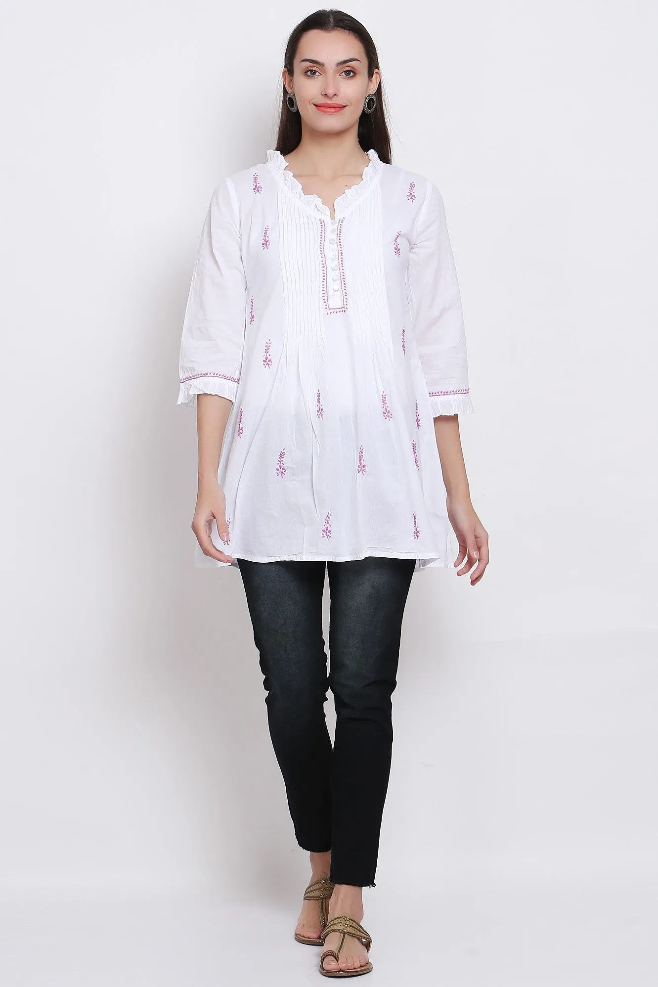 Hand Embroidered Women  Chikankari Cotton Tunic-PC864