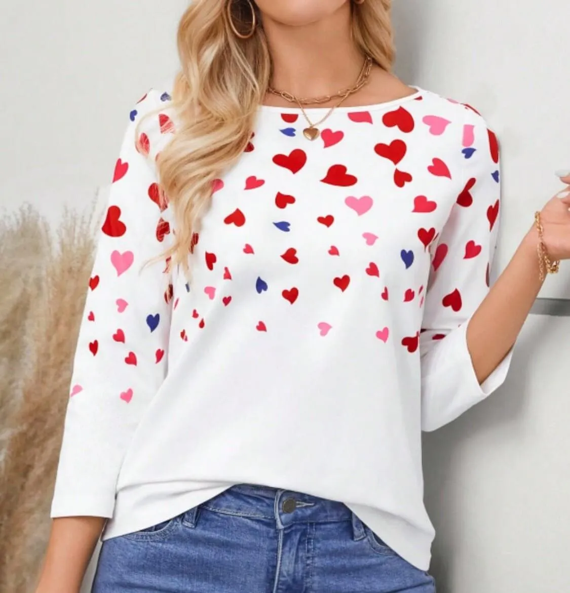 Heart Round Neck Long Sleeve T-Shirt