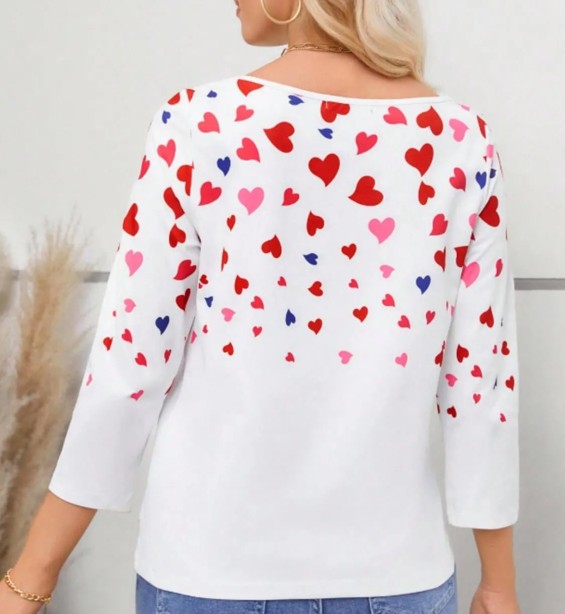 Heart Round Neck Long Sleeve T-Shirt