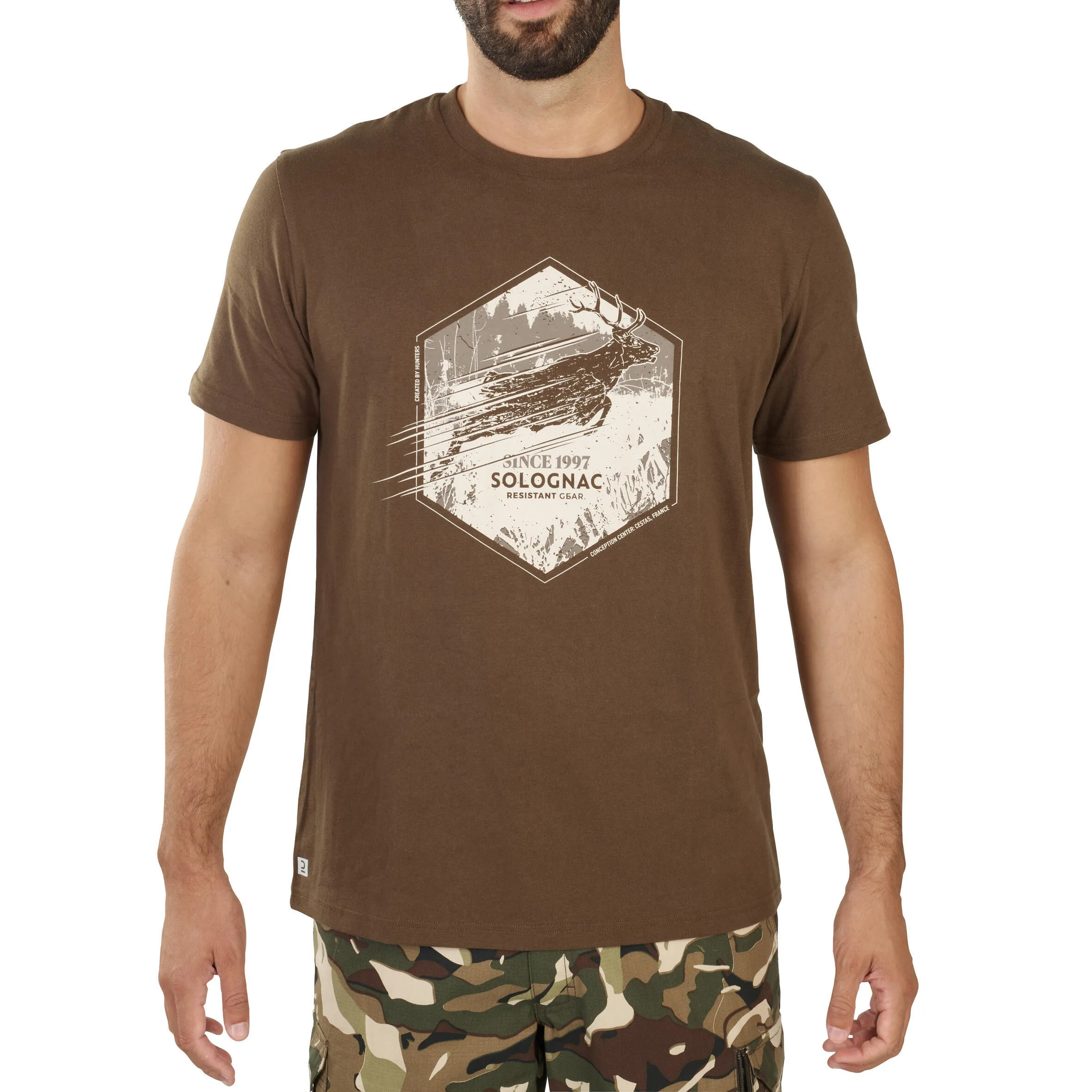 Hunting T-shirt 100% cotton deer brown SOLOGNAC, cocoa