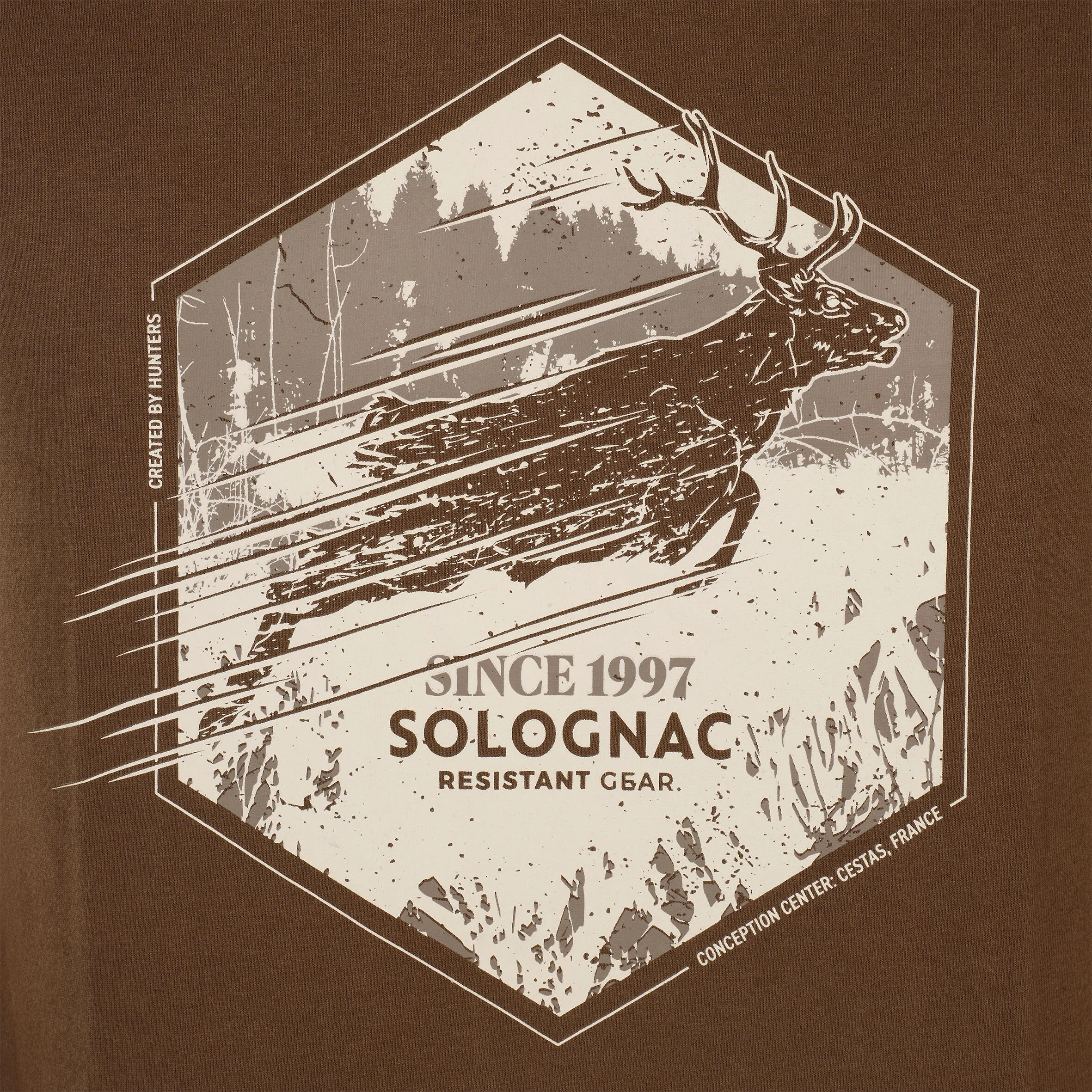 Hunting T-shirt 100% cotton deer brown SOLOGNAC, cocoa