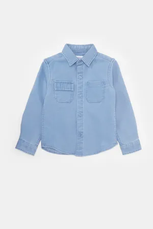 Infant Boys White And Blue Denim Shirt With Printed T-Shirt (2 Piece)