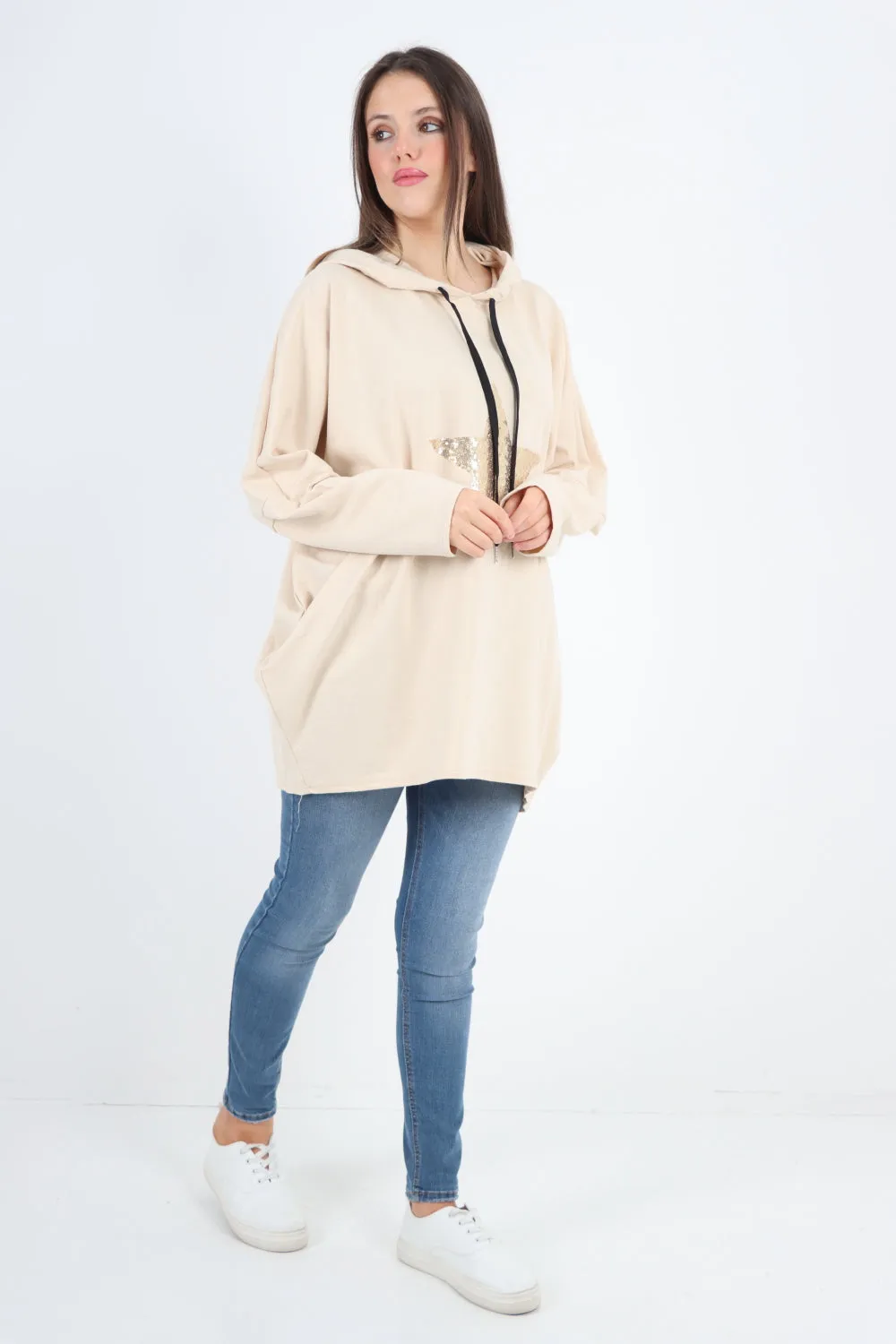 Italian Oversized Sequence Star Hoodie Top