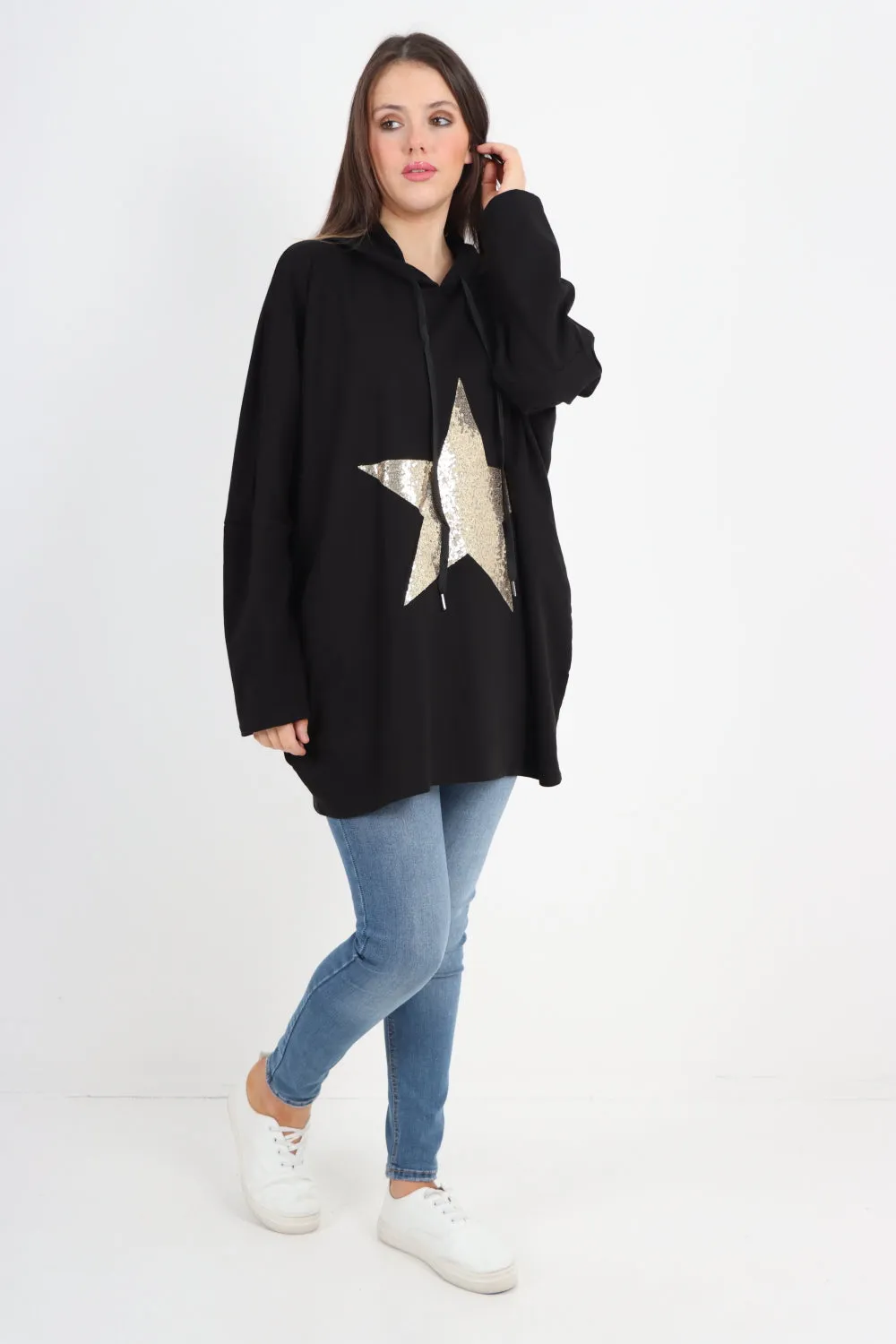 Italian Oversized Sequence Star Hoodie Top