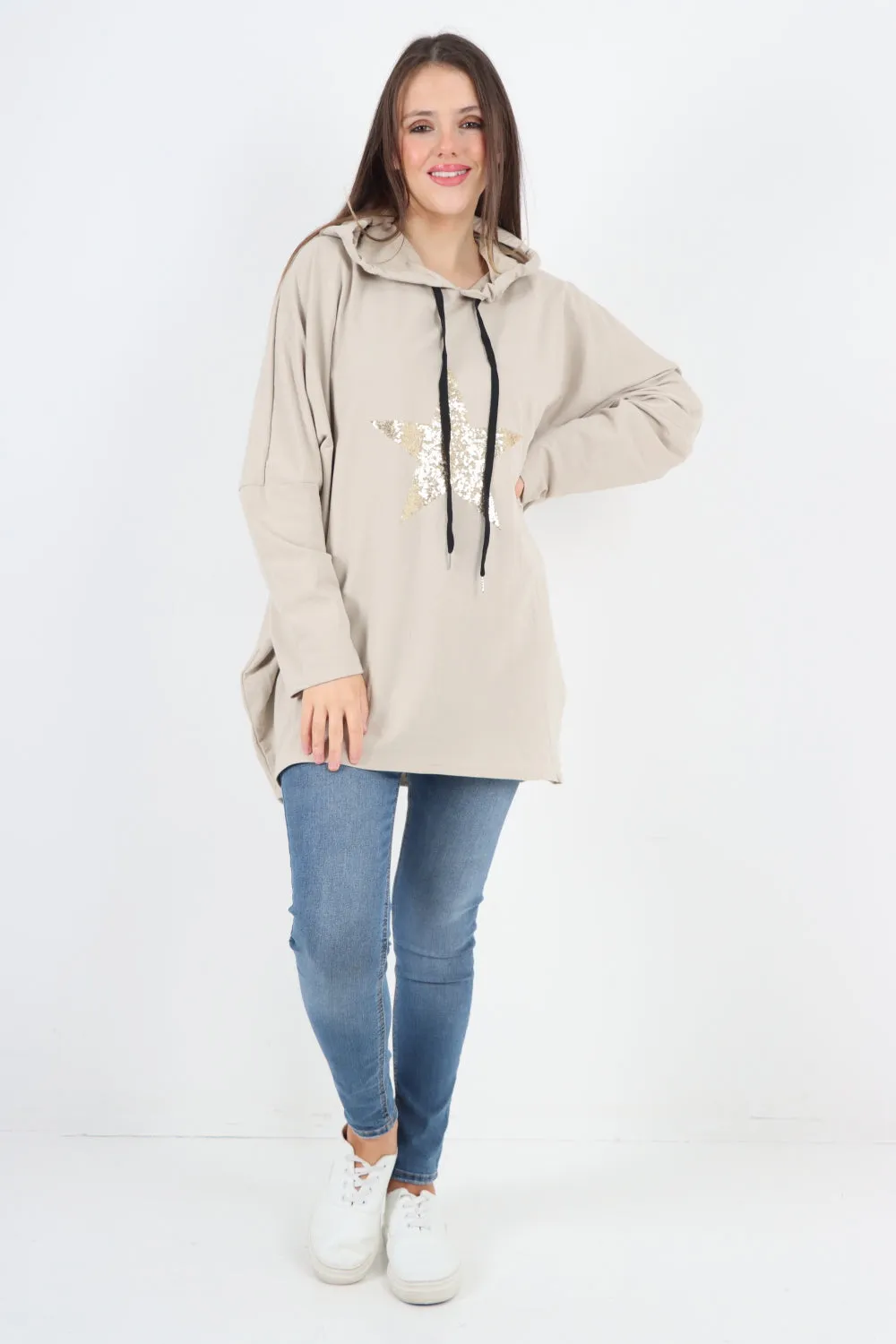 Italian Oversized Sequence Star Hoodie Top