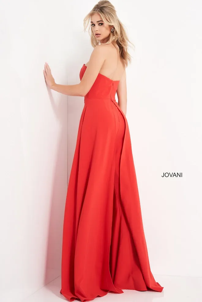 Jovani 03529 Red Jumpsuit Wide Leg Side Overlays Strapless Straight Neckline