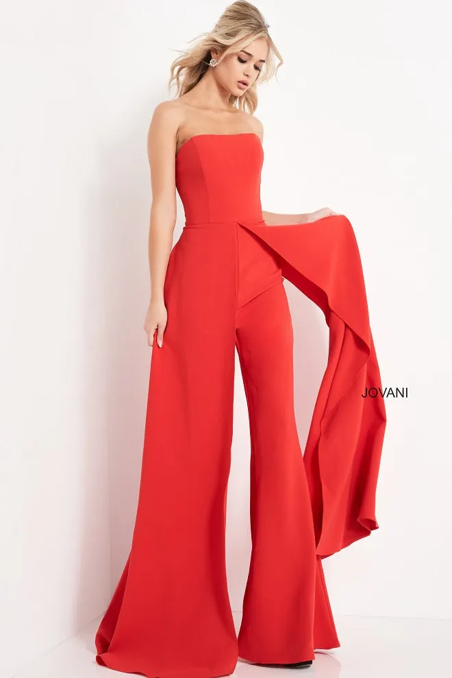 Jovani 03529 Red Jumpsuit Wide Leg Side Overlays Strapless Straight Neckline