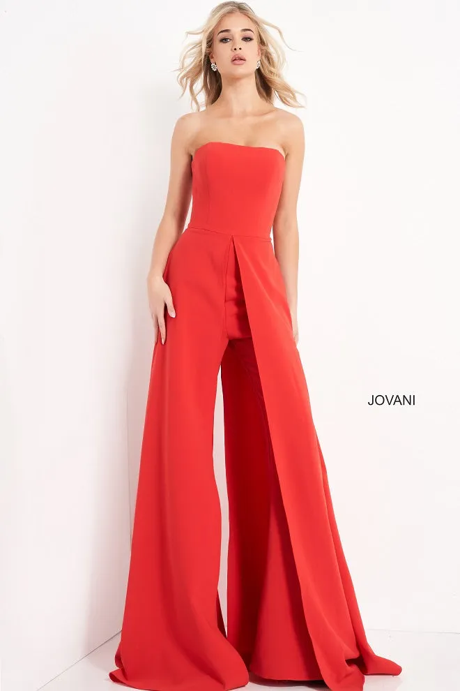 Jovani 03529 Red Jumpsuit Wide Leg Side Overlays Strapless Straight Neckline