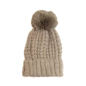 JOY SUSAN WAFFLE KNIT POM POM HAT KHAKI - WOMENS