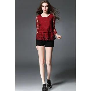Ketty More Women Long Sheer Flower Sleeves Three Layered Lace Top-KMWSB800