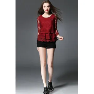 Ketty More Women Long Sheer Flower Sleeves Three Layered Lace Top-KMWSB800