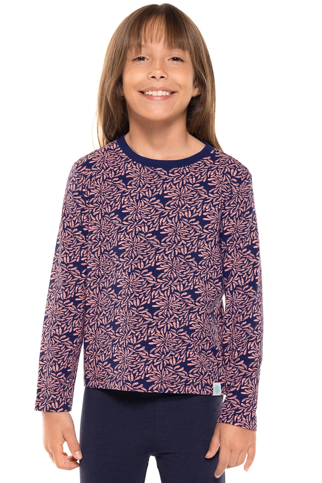 Kid's Coco Plum Everyday Long Sleeve T-Shirt | Peachy Pink Etched Flowers