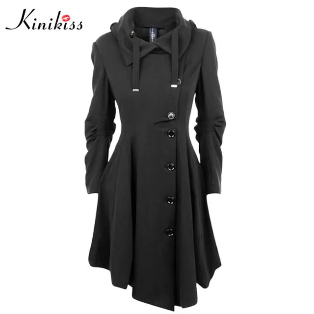 Kinikiss Fashion Long Medieval Trench Coat Women Winter Black Stand Collar Gothic Coat Elegant Women Coat Vintage Female 2017