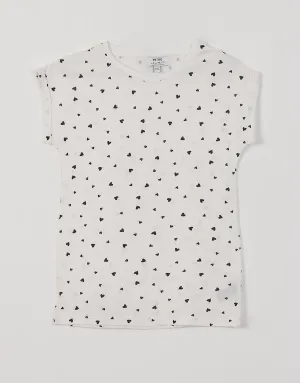 Ladies Crew Neck Roll Sleeve Heart Printed T-Shirt- White
