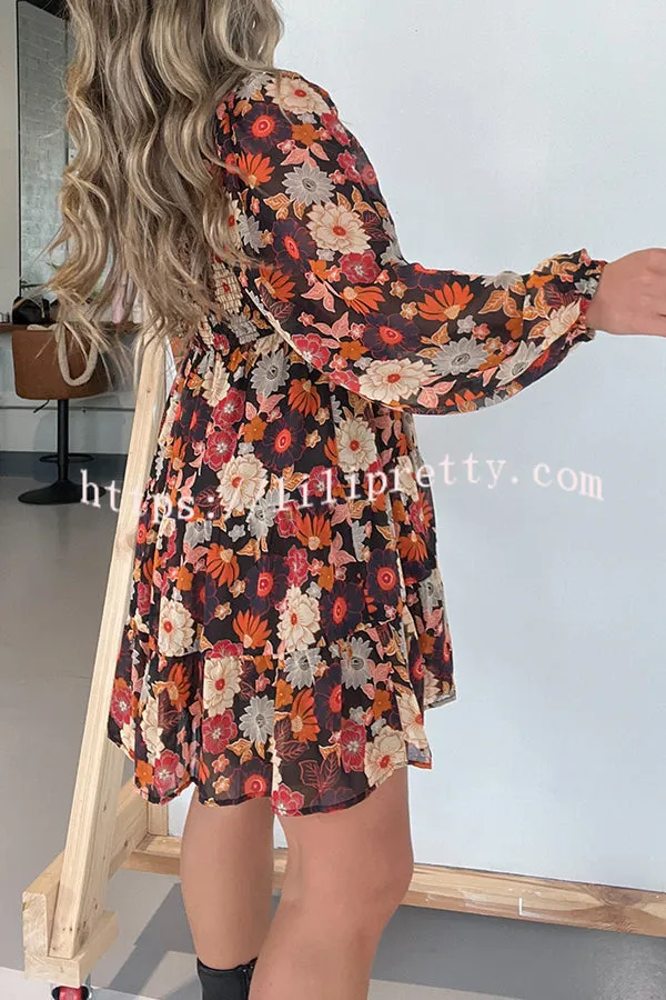 Lilipretty Autumn Leaves Layered Square Neck Long Sleeved Mini Dress