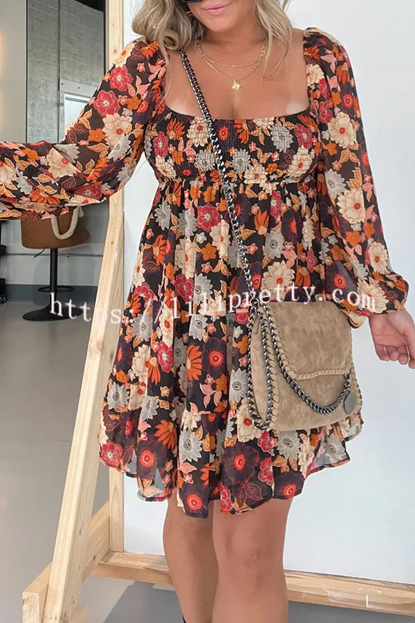 Lilipretty Autumn Leaves Layered Square Neck Long Sleeved Mini Dress