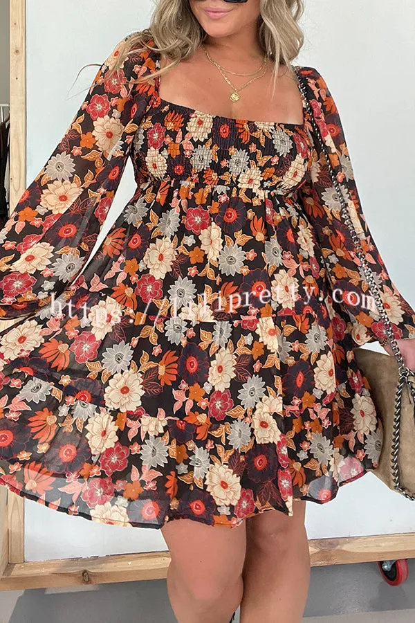 Lilipretty Autumn Leaves Layered Square Neck Long Sleeved Mini Dress