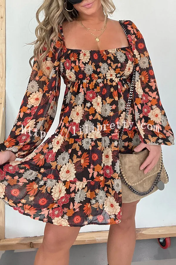 Lilipretty Autumn Leaves Layered Square Neck Long Sleeved Mini Dress
