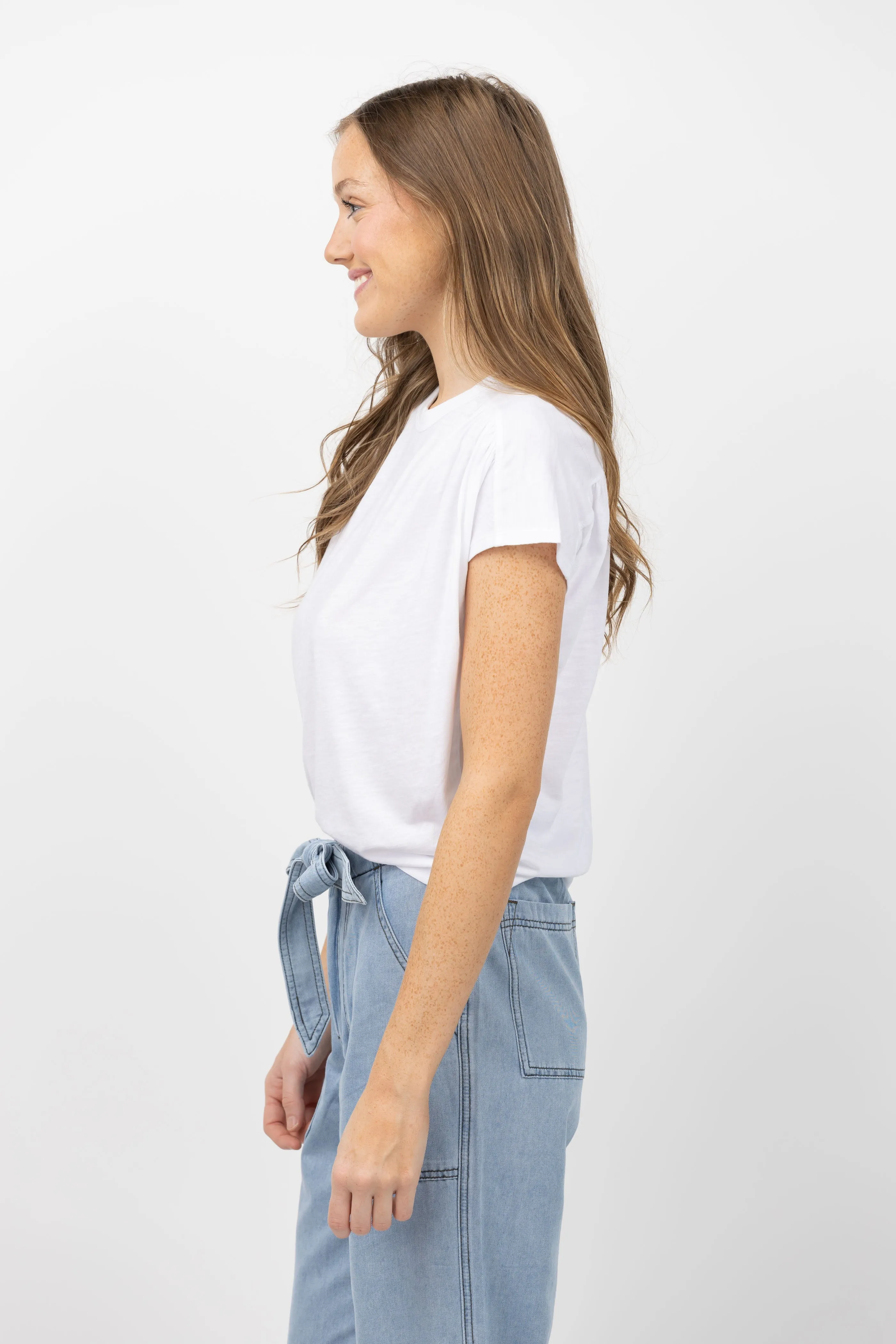 Lilla P. Shirred Short Sleeve Top in White
