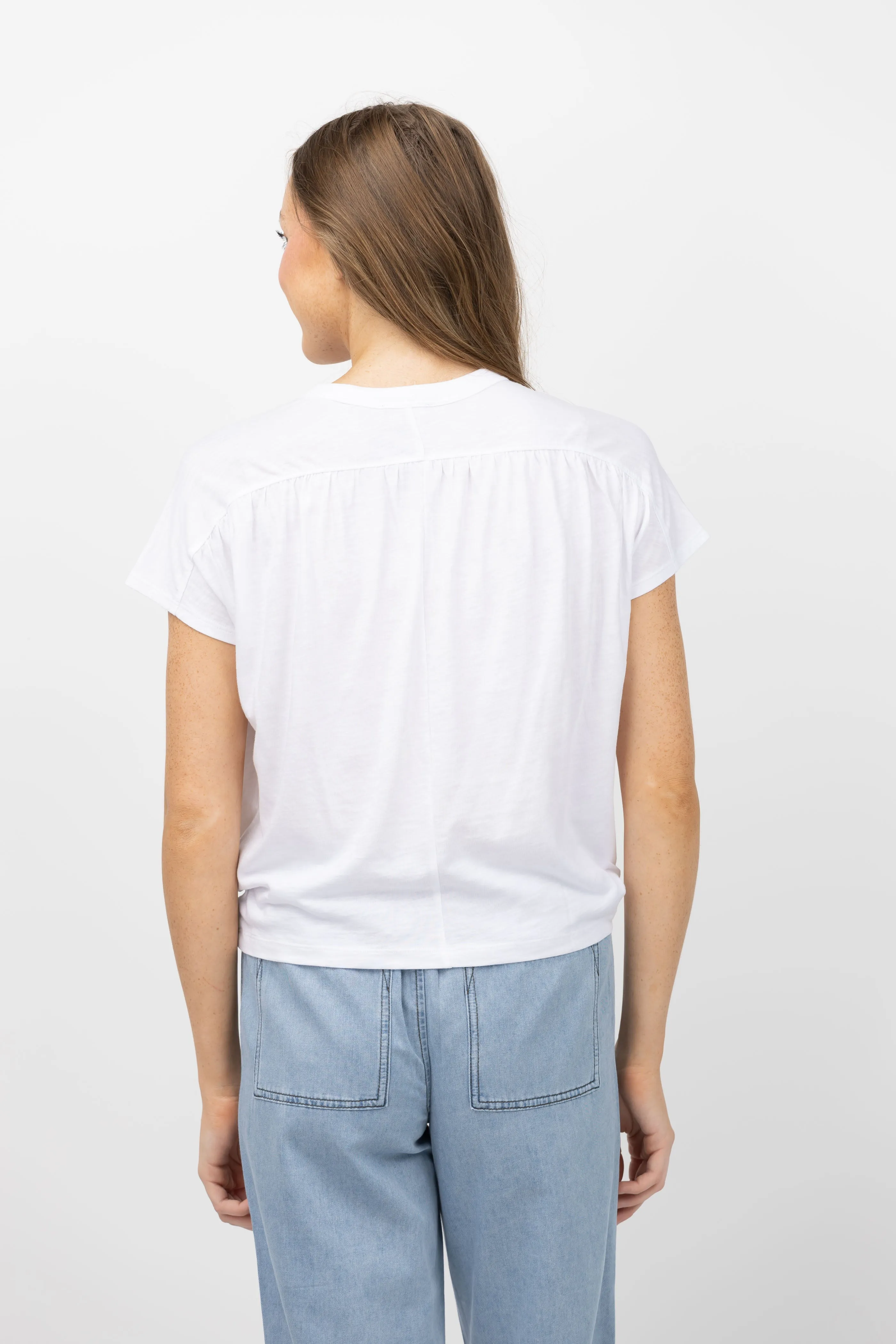 Lilla P. Shirred Short Sleeve Top in White