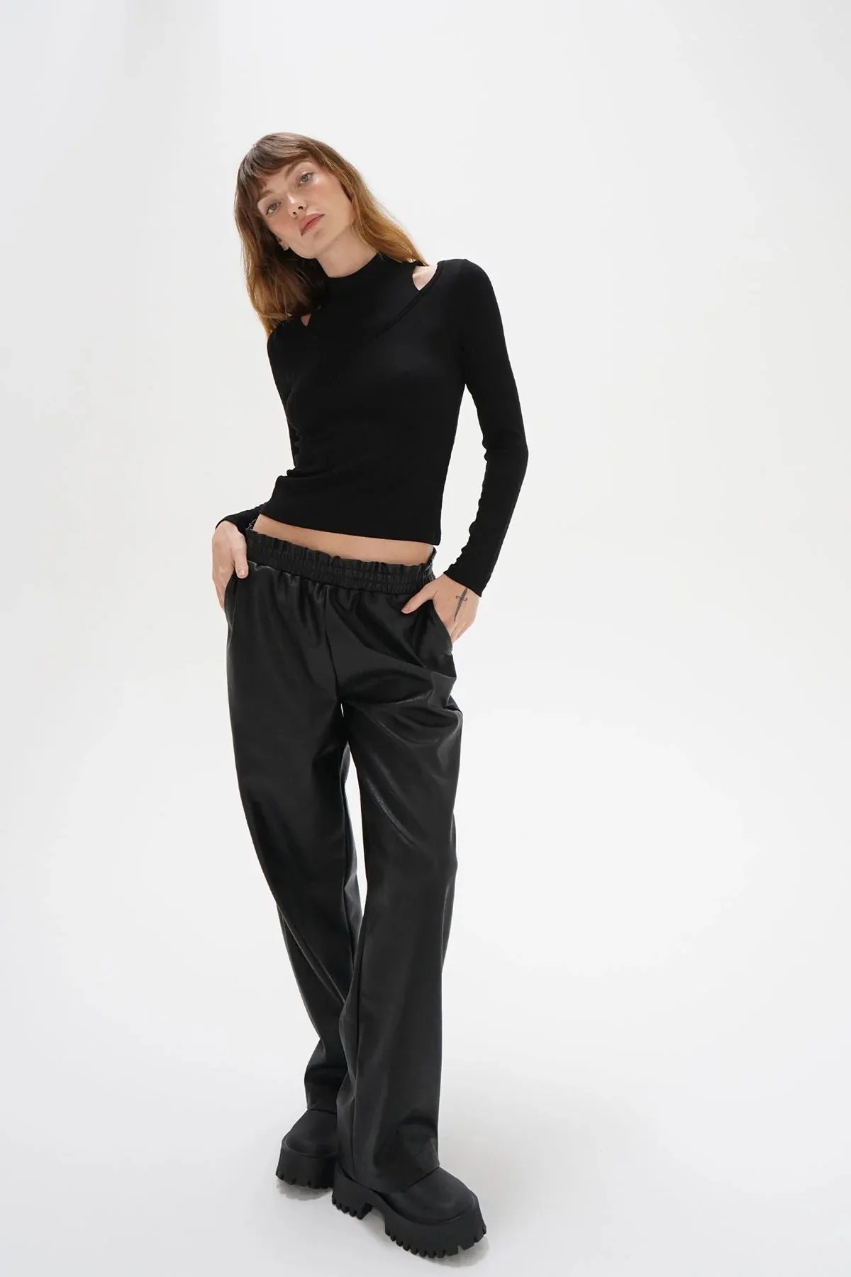 LNA Vivian Ribbed Cut Out Top in Black
