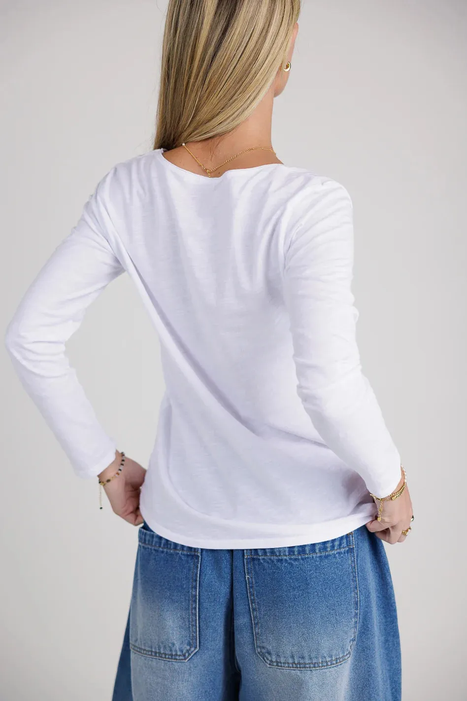 Long Sleeve V-Neck T-Shirt in White - FINAL SALE