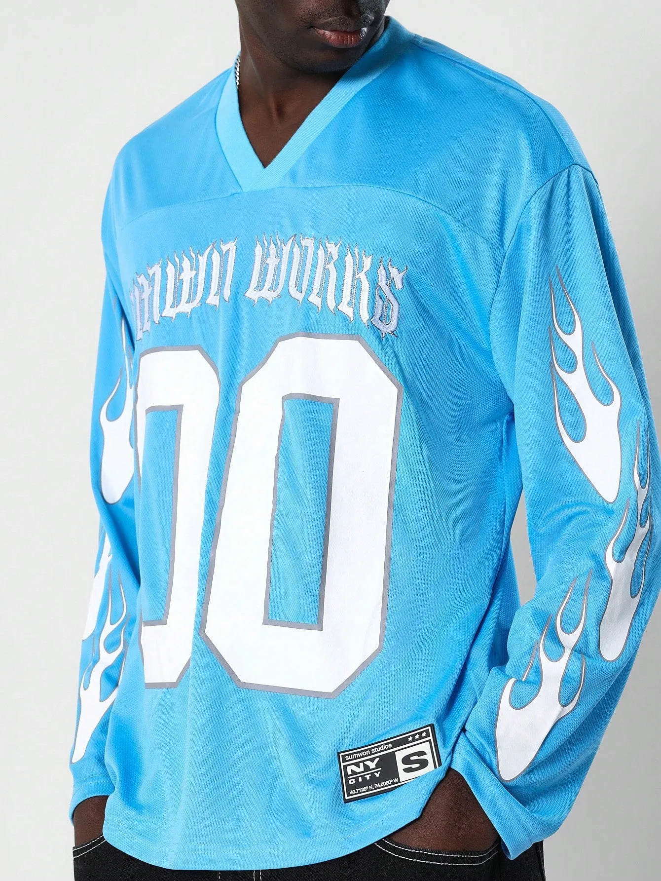 LS Hockey Tee With Sleeve Flame & Number Graphic Print, Embroidered Letter