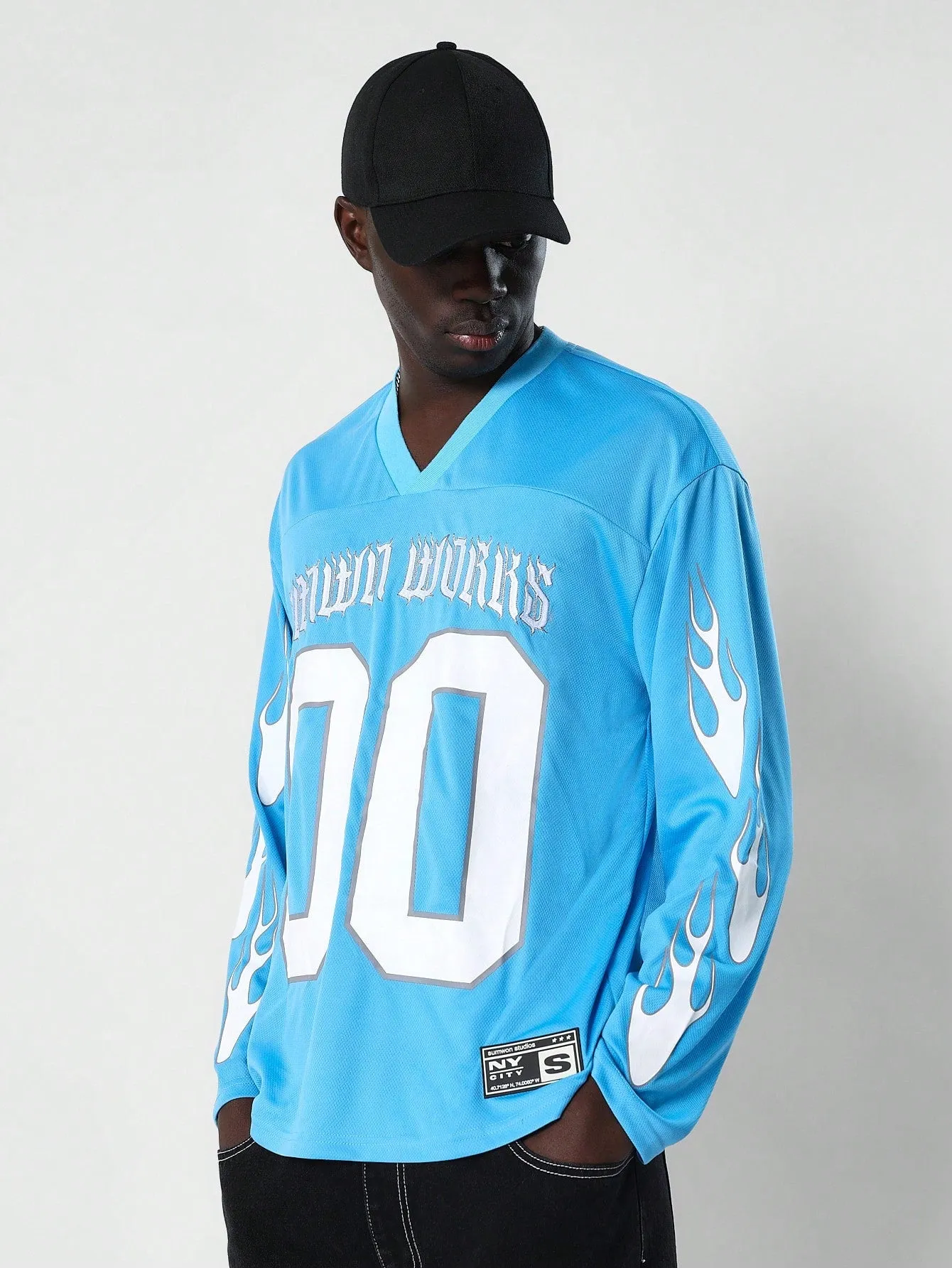 LS Hockey Tee With Sleeve Flame & Number Graphic Print, Embroidered Letter