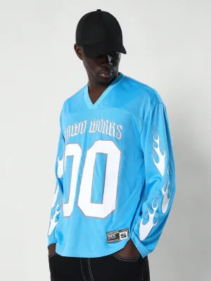 LS Hockey Tee With Sleeve Flame & Number Graphic Print, Embroidered Letter