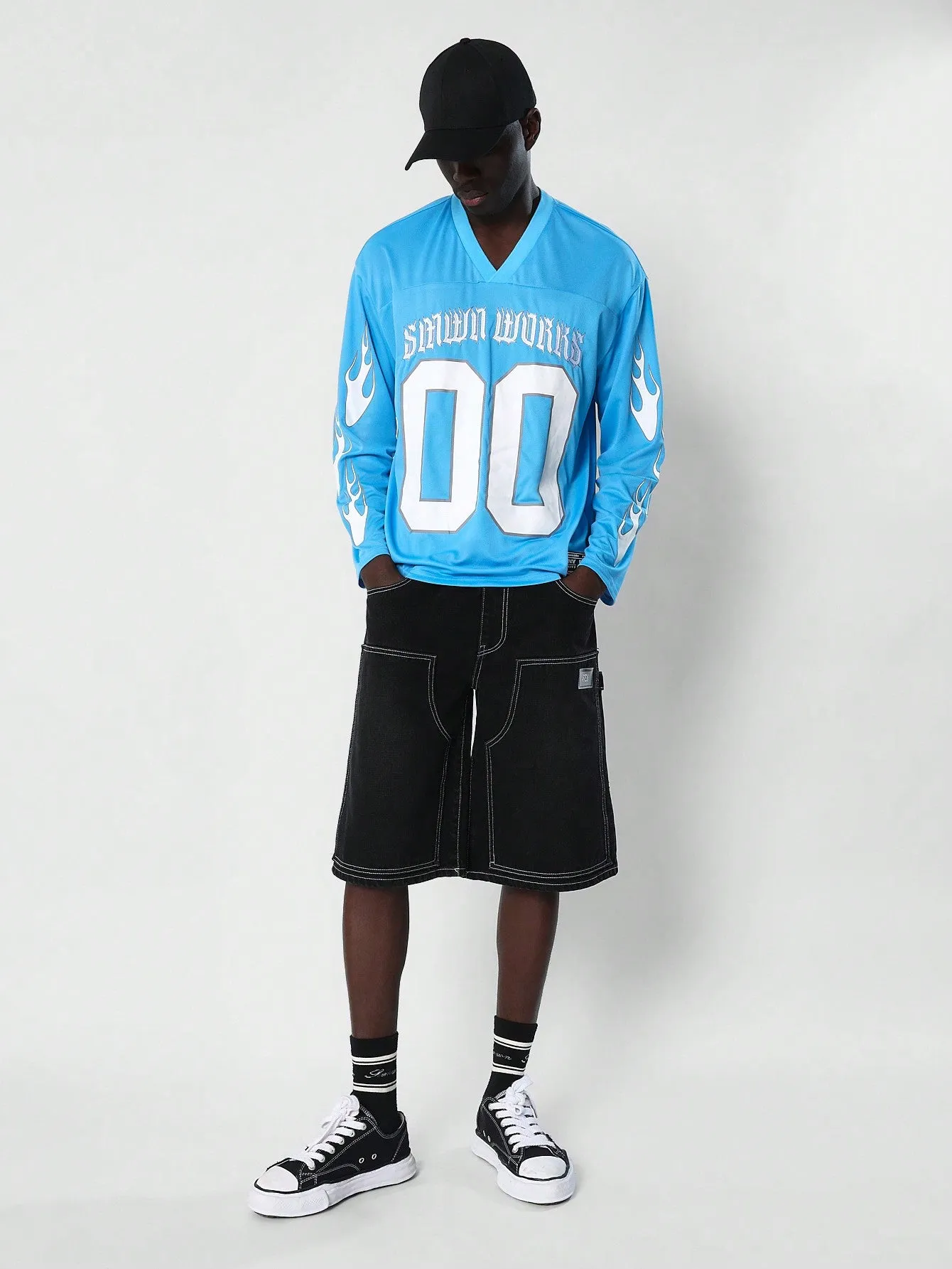 LS Hockey Tee With Sleeve Flame & Number Graphic Print, Embroidered Letter