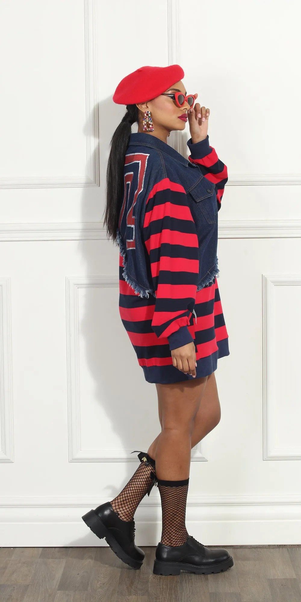Luxe Moda LM317 - Navy Red - Denim and Stripe Long sleeve Tunic