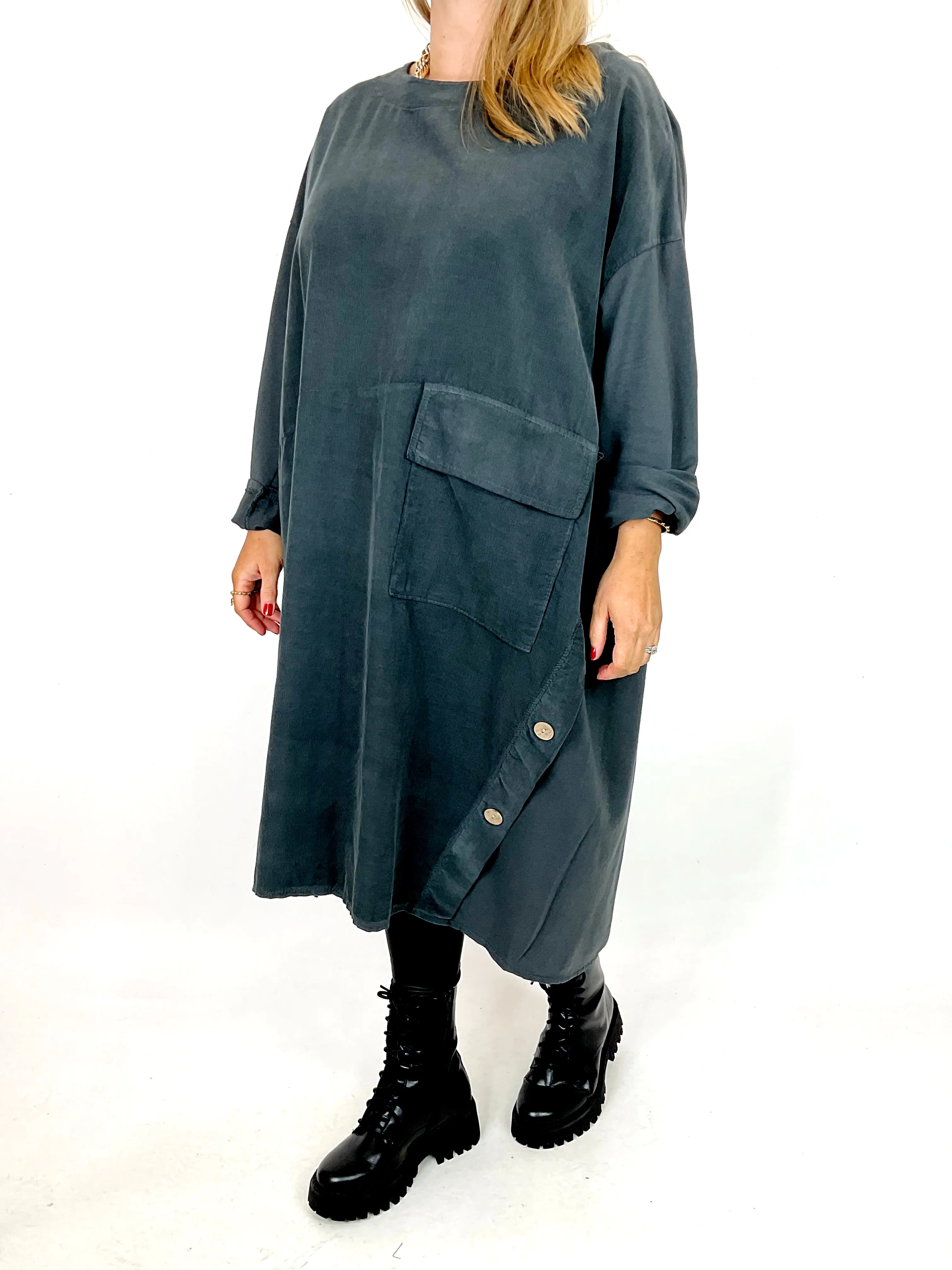 Made in Italy Lagenlook Matsu Button Cord Tunic in Charcoal. code 91805