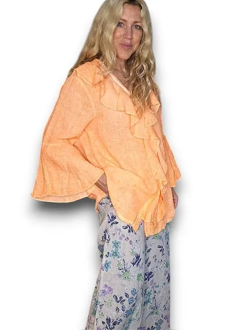 MADRID LINEN FRILL TUNIC LINEN NEON ORANGE