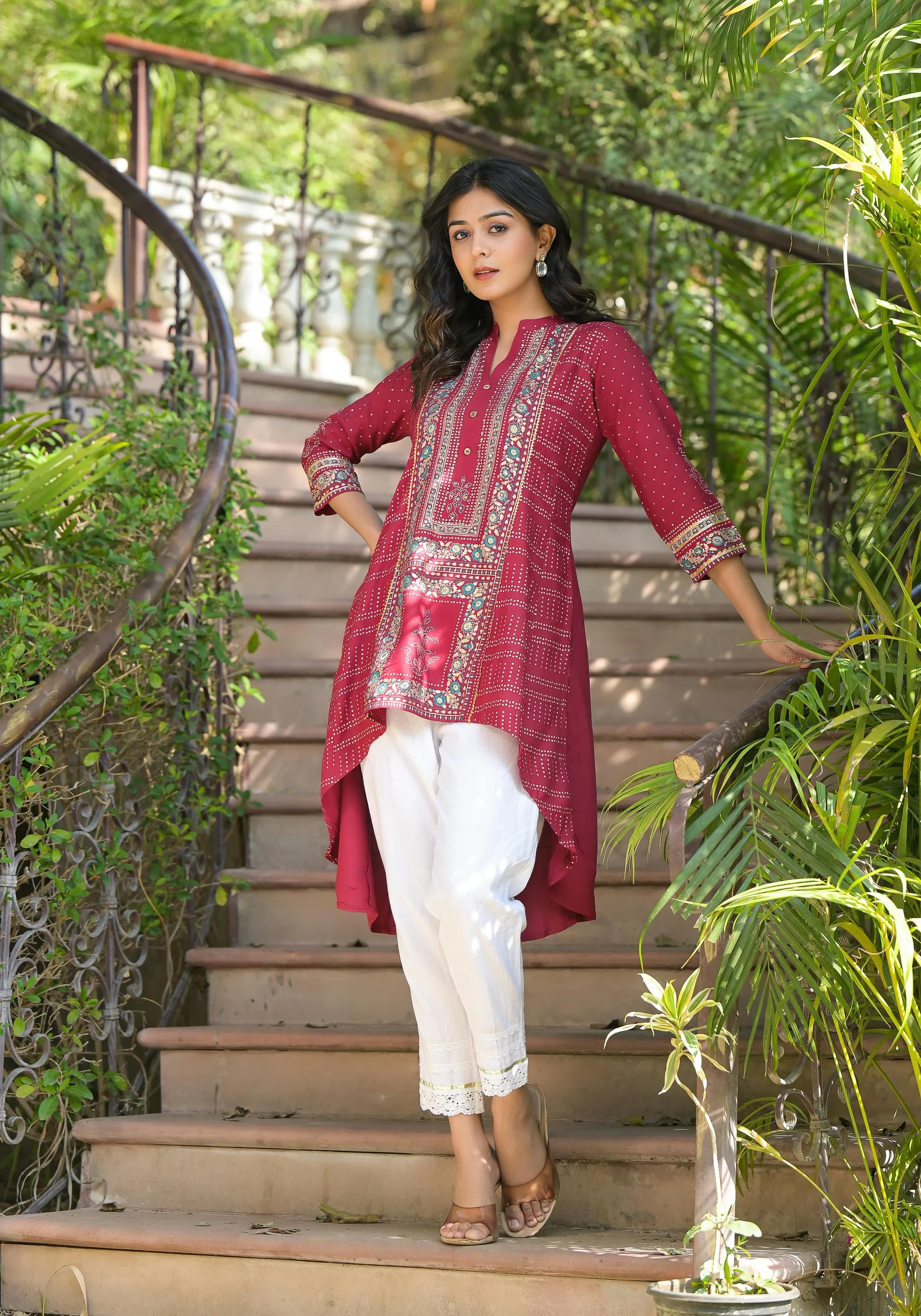 Maroon Bandhani Printed Liva Rayon Tunic With Sequins & Thread Work