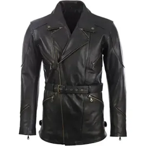 Men's Black Leather Belted Motorcycle Coat