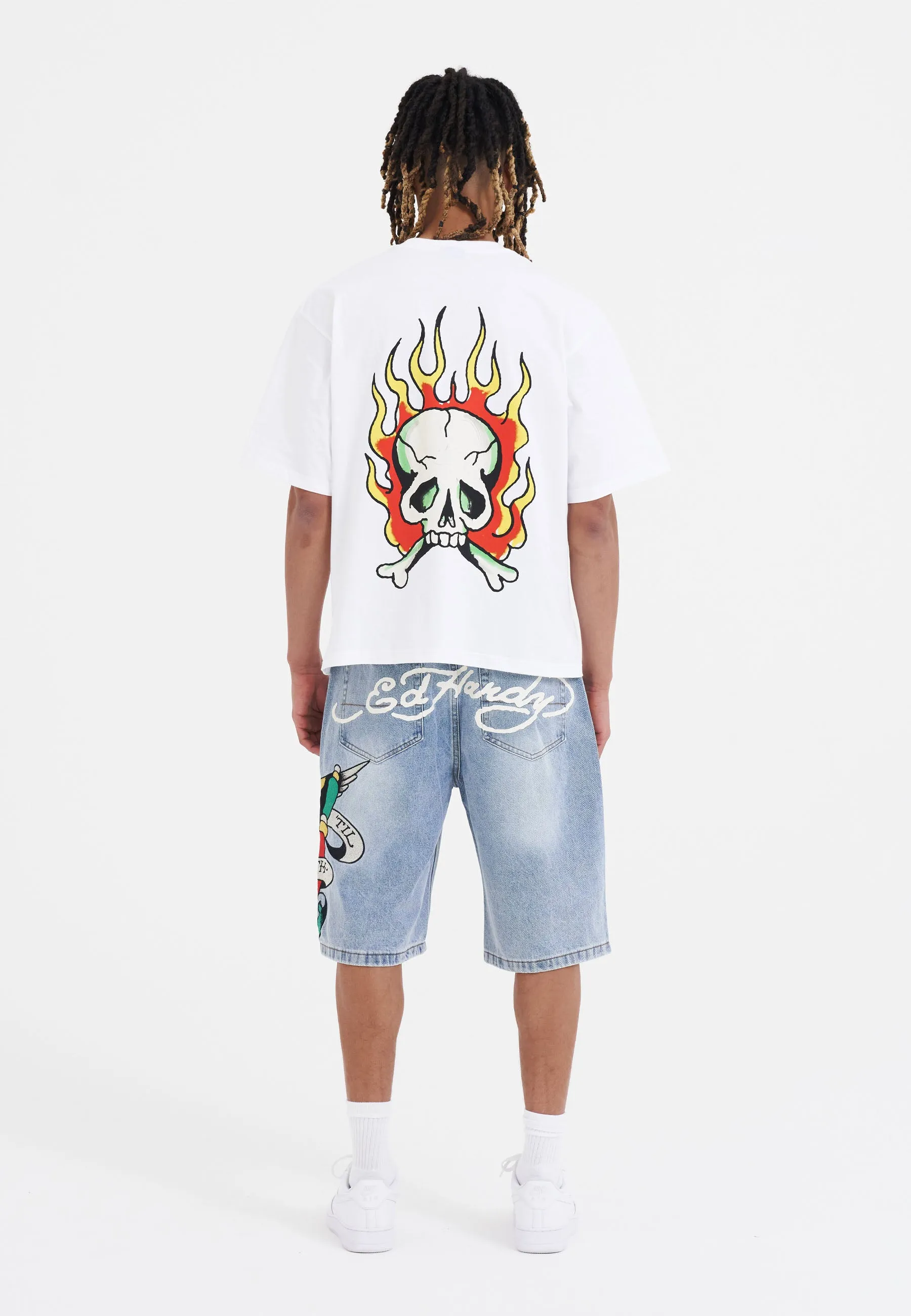 Mens Skull-Flame T-Shirt - White