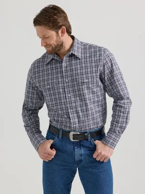 Men's Wrangler Wrinkle Resistant Blue Plaid Long Sleeve Snap Shirt
