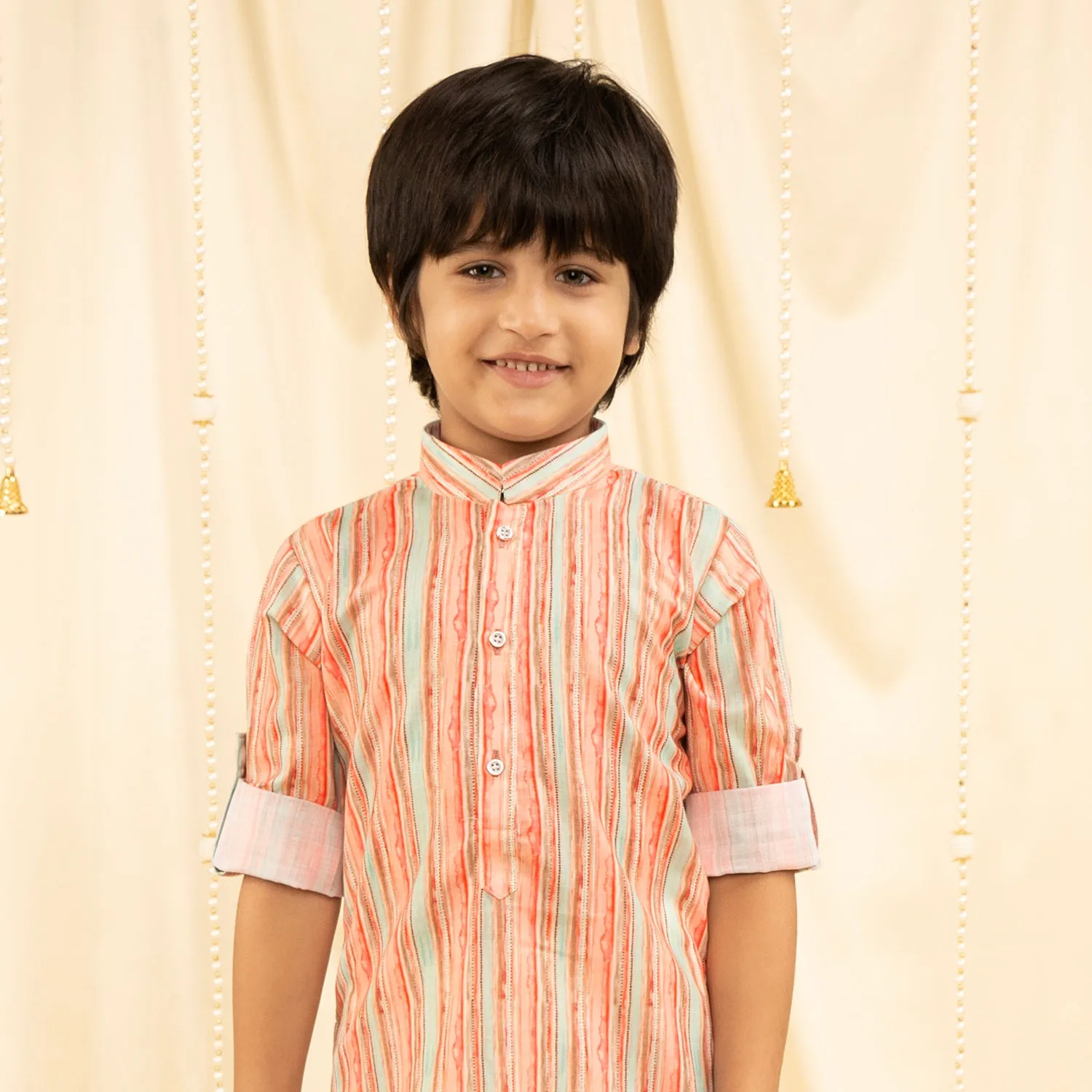 Ministitch full sleeves printed kurta and pyjama set for boys - White, Seagreen, Orange