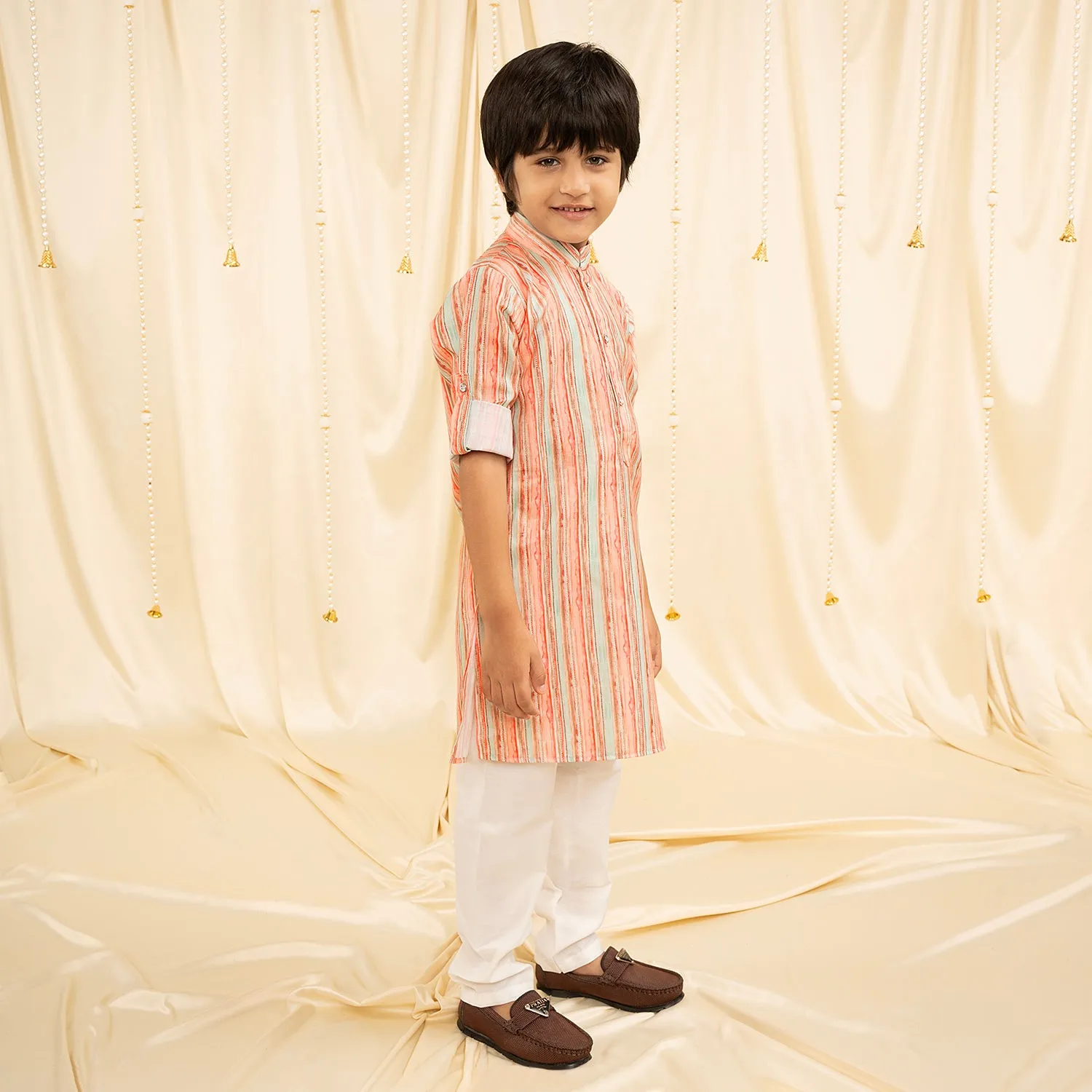 Ministitch full sleeves printed kurta and pyjama set for boys - White, Seagreen, Orange