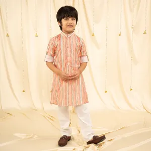 Ministitch full sleeves printed kurta and pyjama set for boys - White, Seagreen, Orange