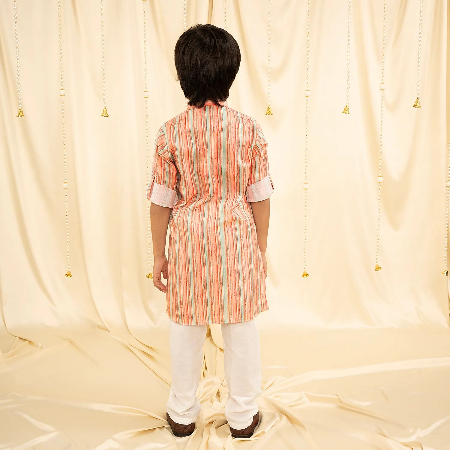 Ministitch full sleeves printed kurta and pyjama set for boys - White, Seagreen, Orange